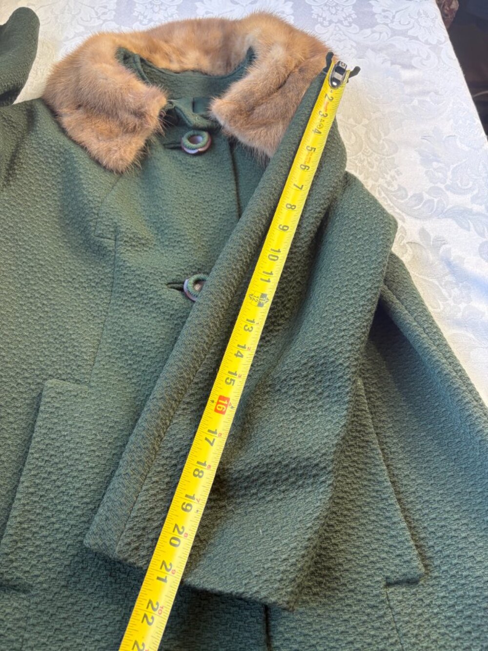 VTG 1950s Hockanum Benara Green Wool Swing Coat Mink Fur Collar Union Made M L - Picture 6 of 10